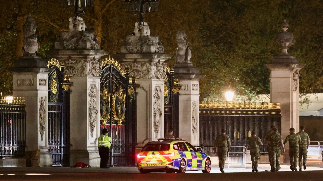 Security forces guard the gates of Buckingham Palace after police arrested a man outside Buckingham Palace for throwing what they believe were shotgun cartridges on May 2, 2023.