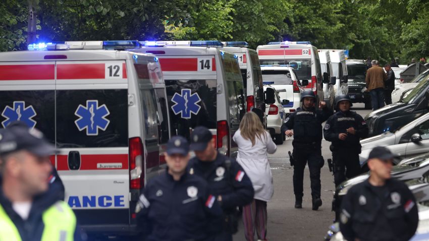 Ambulance cars stand ready as police officers block a street near the Vladislav Ribnikar elementary school in Belgrade, Serbia, 03 May 2023. A teenage suspect opened fire causing one fatality and multiple injuries according to Serbia's Interior ministry.
Gunman opens fire at Belgrade elementary school, Serbia - 03 May 2023