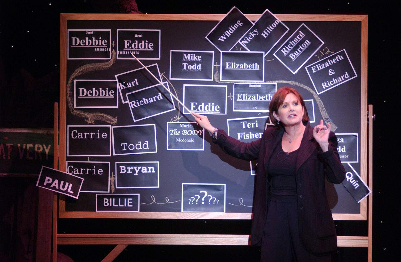 Fisher takes part in a dress rehearsal for her play "Wishful Drinking" at the Geffen Playhouse in Los Angeles in 2006. Fisher spoke openly about her struggles with alcoholism and bipolar disorder. She also was an advocate for mental health awareness and treatment.