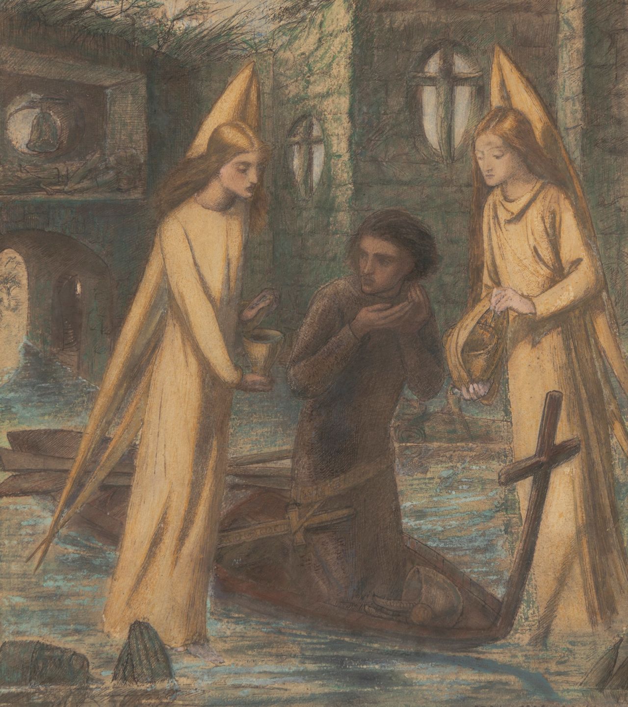 Siddal collaborated on the watercolor "Sir Galahad and the Holy Grail" with Rossetti.