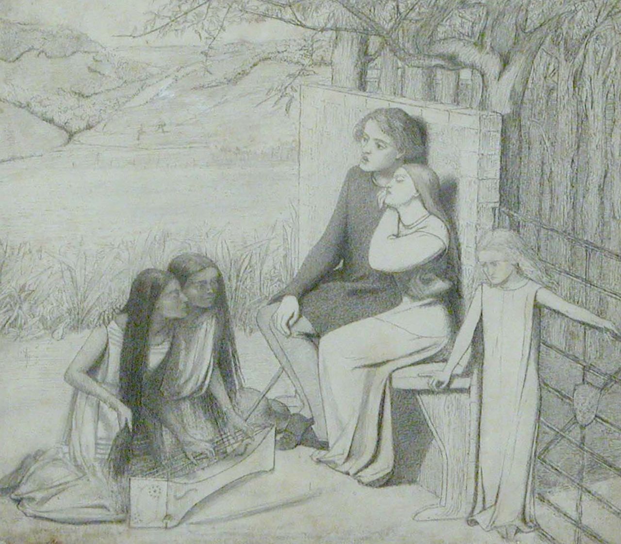 Siddal's 1854 drawing of a young couple listening to music — the pictured lovers likely based on her and Rossetti — seems to have inspired one of her husband's famous works.