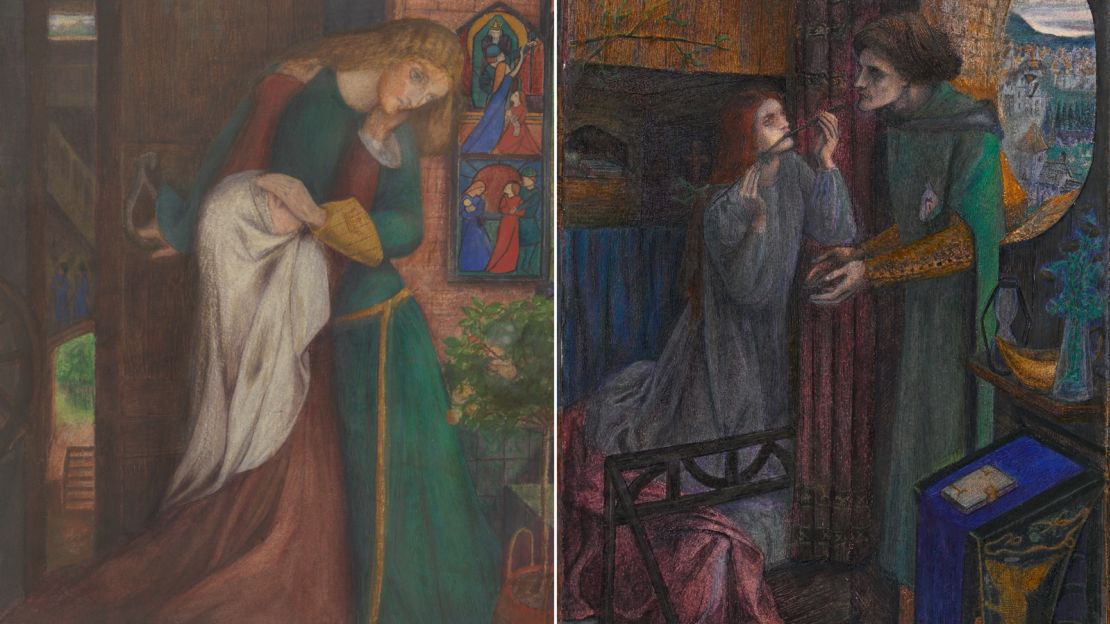 Siddal's dynamic compositions and keen eye for color can be seen in "Lady Clare" (left) and "Clerk Saunders" (right).