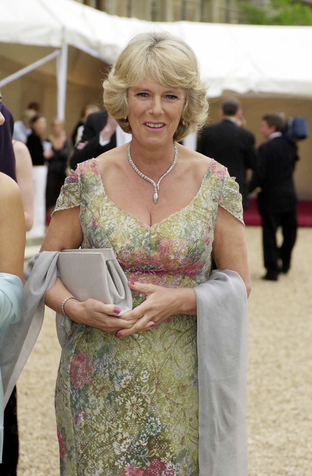 At a charity fashion gala hosted by Vogue for Macmillan Cancer Relief in 2001 at Waddesdon Manor, Buckinghamshire, Camilla arrived in a bold jacquard gown in an elegant watercolor print.