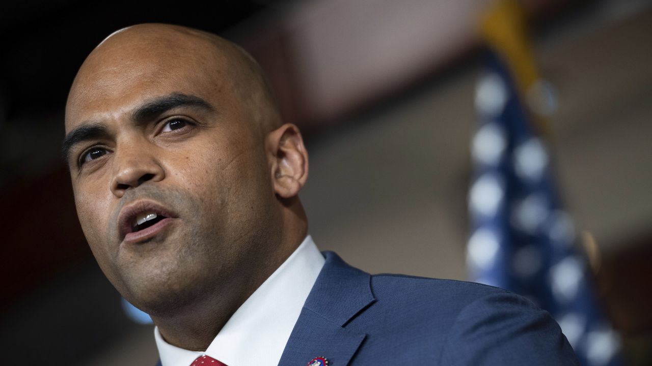 Rep. Colin Allred speaks to media with members of the Congressional Black Caucus during a press conference on voting rights legislation.