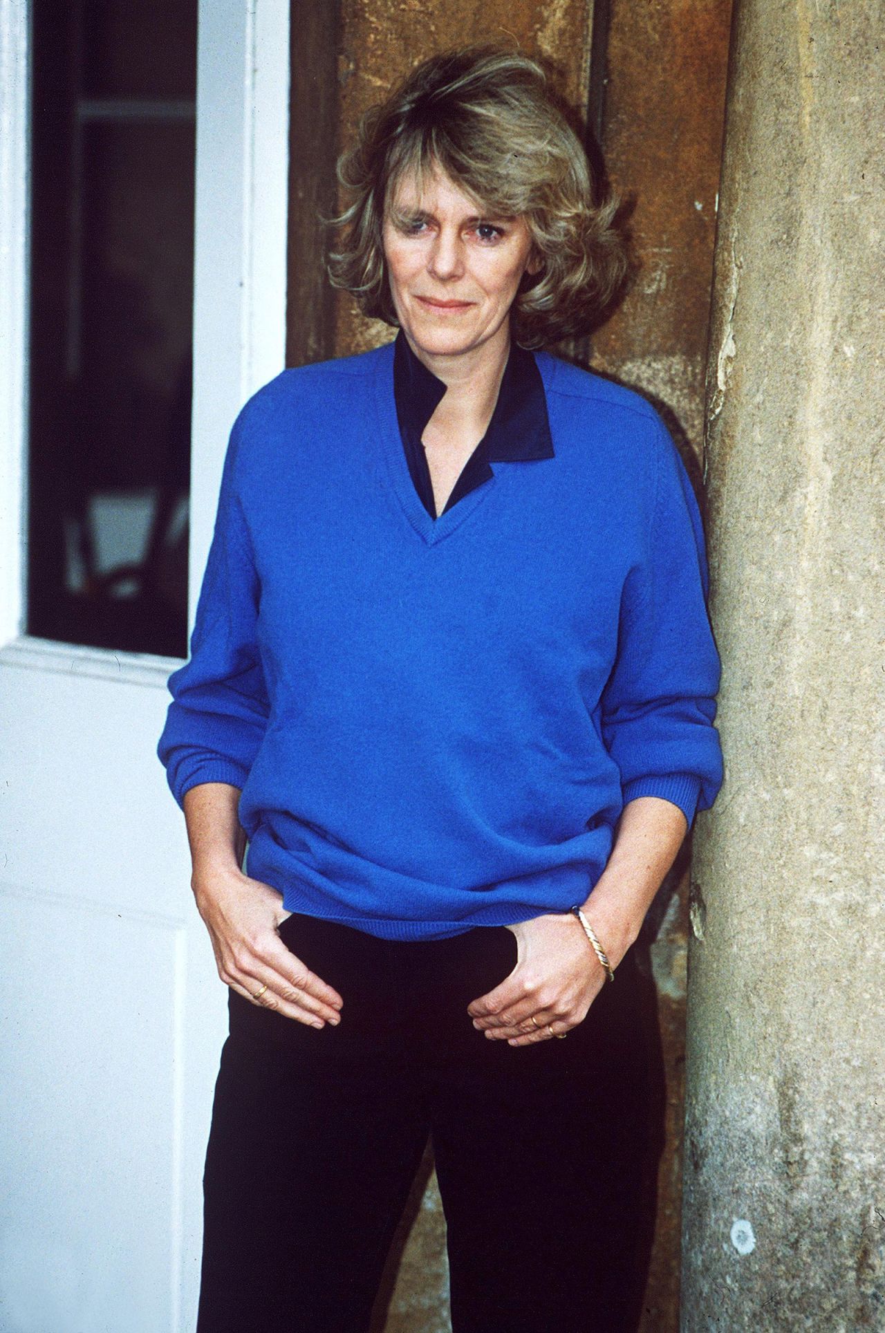 On the grounds of her country home in Wiltshire, south west England in 1992, the Queen consort looked cozy and comfortable in vibrant knit pullovers.