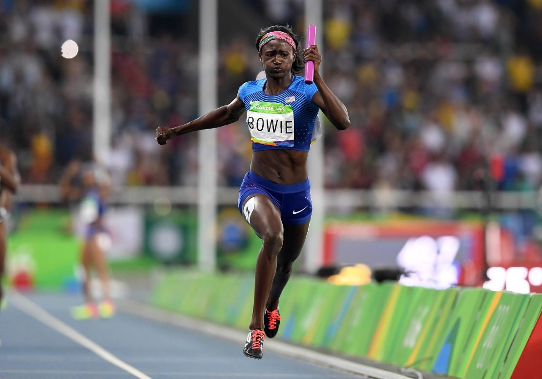 Bowie competes in the 4x100-meter relay at the Rio Olympics. 