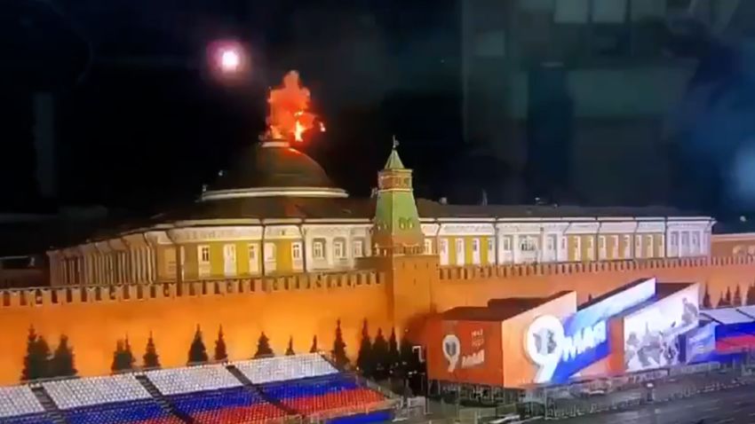 A screengrab taken from video that has circulated on Russian social media purporting to show the detonation of a drone and smoke rising from the direction of the Kremlin. CNN is not yet able to establish the veracity of those videos. The attack is alleged to have taken place in the early morning hours Wednesday, at an unspecified time. 