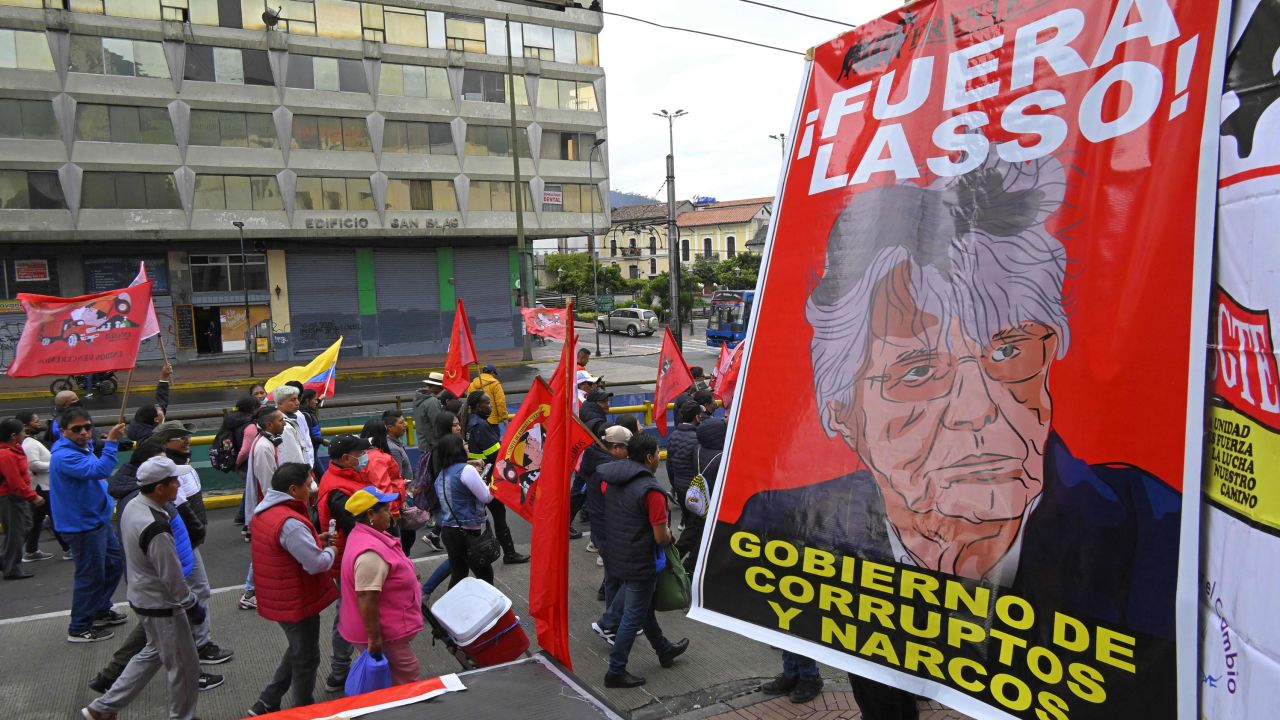 People protest against the government of Ecuadorean President Guillermo Lasso during a march to commemorate May Day in Quito on May 1, 2023.