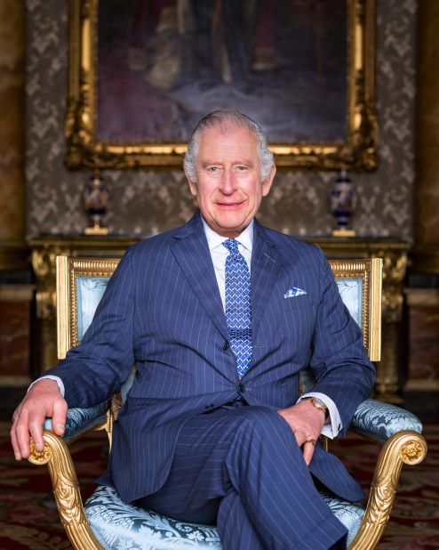 The King sits in Buckingham Palace's Blue Drawing Room in March 2023.