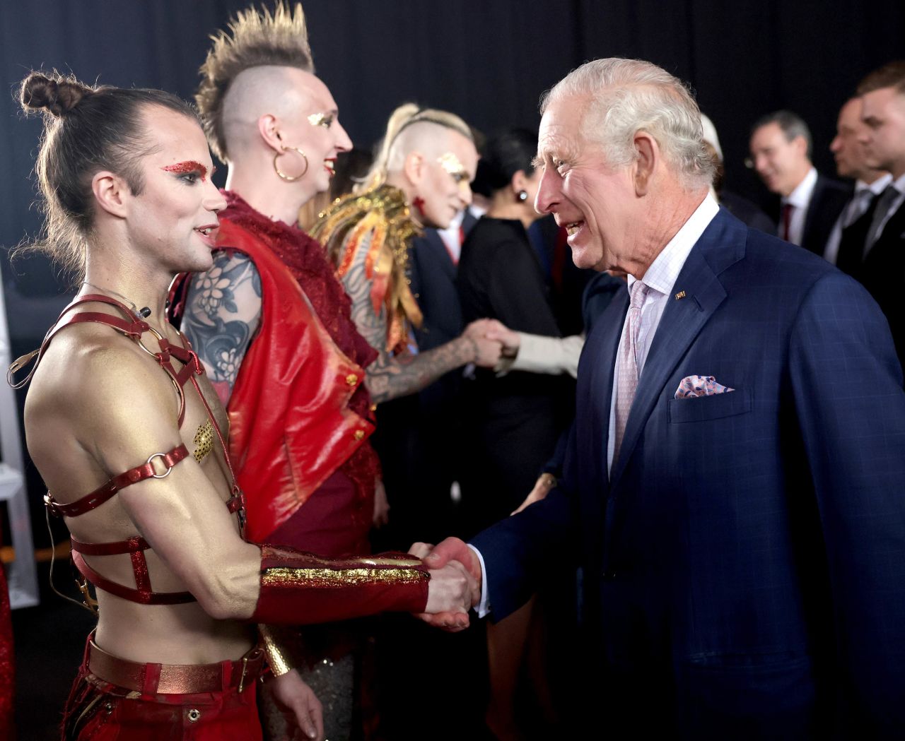 The King greets the band Lords of The Lost during a reception in Hamburg, Germany, in March 2023. The King spent three days in Germany for what was <a href="https://www.cnn.com/2023/03/29/europe/gallery/king-charles-visits-germany/index.html" target="_blank">his first overseas state visit as monarch</a>.