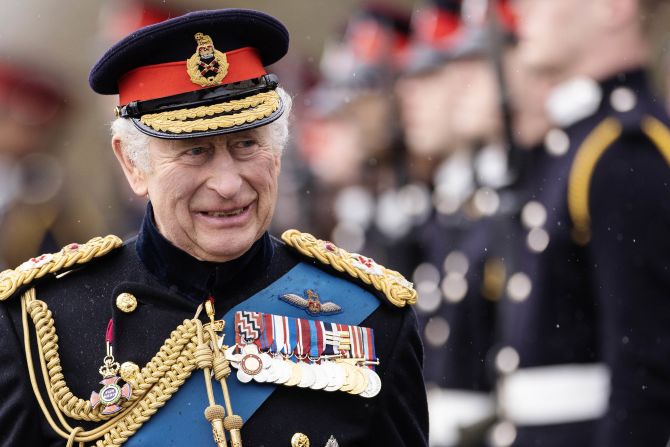 The King attends the 200th Sovereign's Parade at the Royal Military Academy Sandhurst in April 2023.