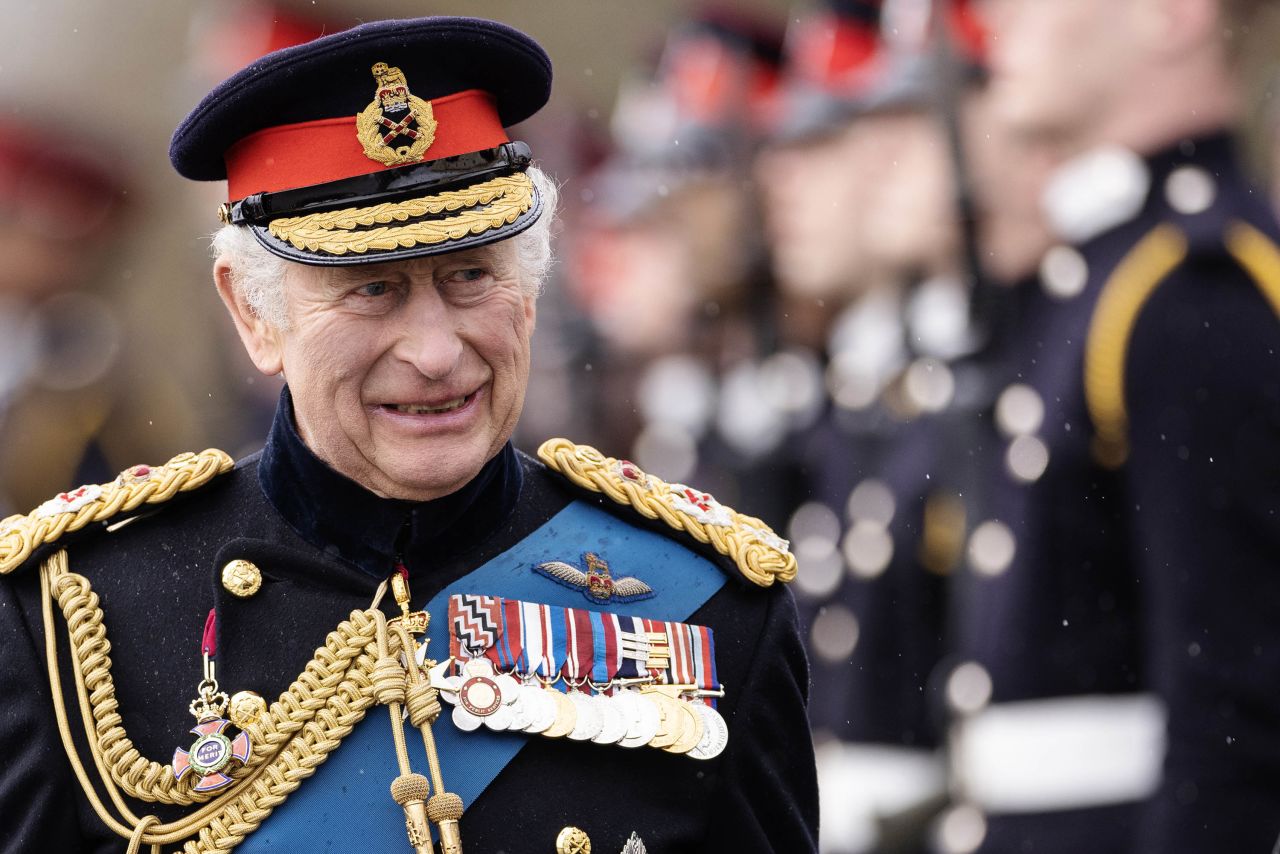The King attends the 200th Sovereign's Parade at the Royal Military Academy Sandhurst in April 2023.