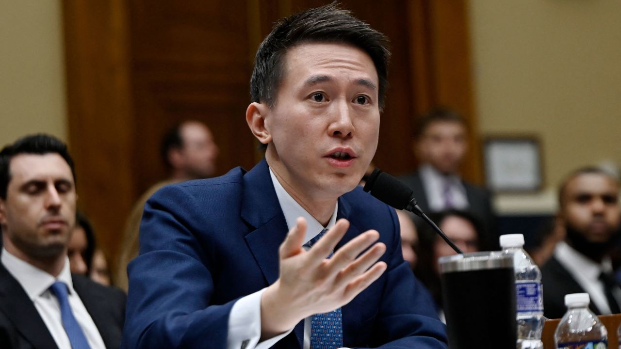 TikTok CEO Shou Chew testifying before US Congress in March. At the hearing, Chew was pressed on reports that an internal memo had instructed staff to "downplay" TikTok's "China association," a document he said he had not seen.