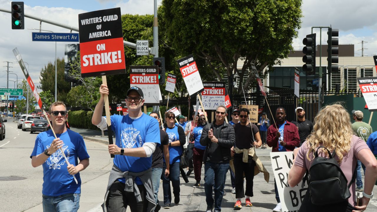 Members of the Writers Guild of America picket outside of Universal Studios on May 3.