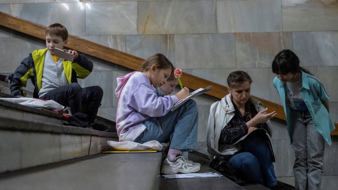 School students attend a lesson as they shelter inside a metro station during an air raid alert, amid Russia's attack on Ukraine, in Kyiv, Ukraine, on May 3.