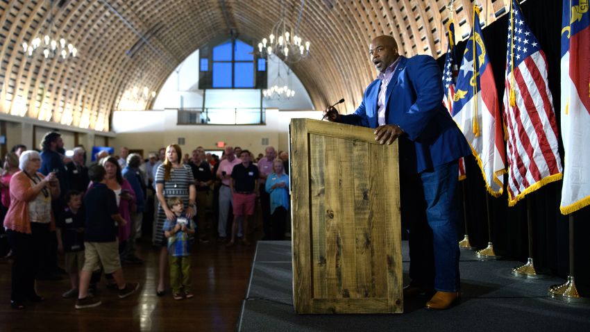 In this May 2022 photo, Lt. Gen. Mark Robinson speaks to guests at a Primary election night watch party at WinMock at Kinderton in Bermuda Run, North Carolina. 