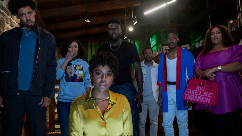 Melvin Gregg as King, Grace Byers as Allison, Antoinette Robertson as Lisa, Sinqua Walls as Nnamdi, Jermaine Fowler as Clifton, Dewayne Perkins as Dewayne, and Xochitl Mayo as Shanika in The Blackening.