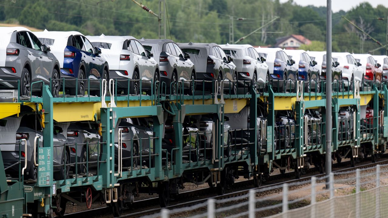 A freight train with new electric vehicles from the Volkswagen Sachsen plant in Zwickau, Germany