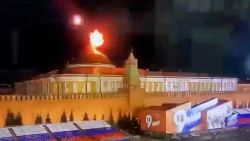 A still image taken from video shows a flying object exploding in an intense burst of light near the dome of the Kremlin Senate building during the alleged Ukrainian drone attack in Moscow, Russia, in this image taken from video obtained by Reuters May 3, 2023. 