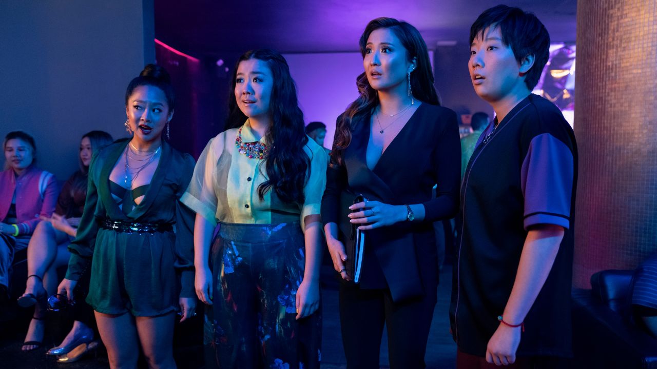 Stephanie Hsu as Kat, Sherry Cola as Lolo, Ashley Park as Audrey, and Sabrina Wu as Deadeye in Joy Ride. 