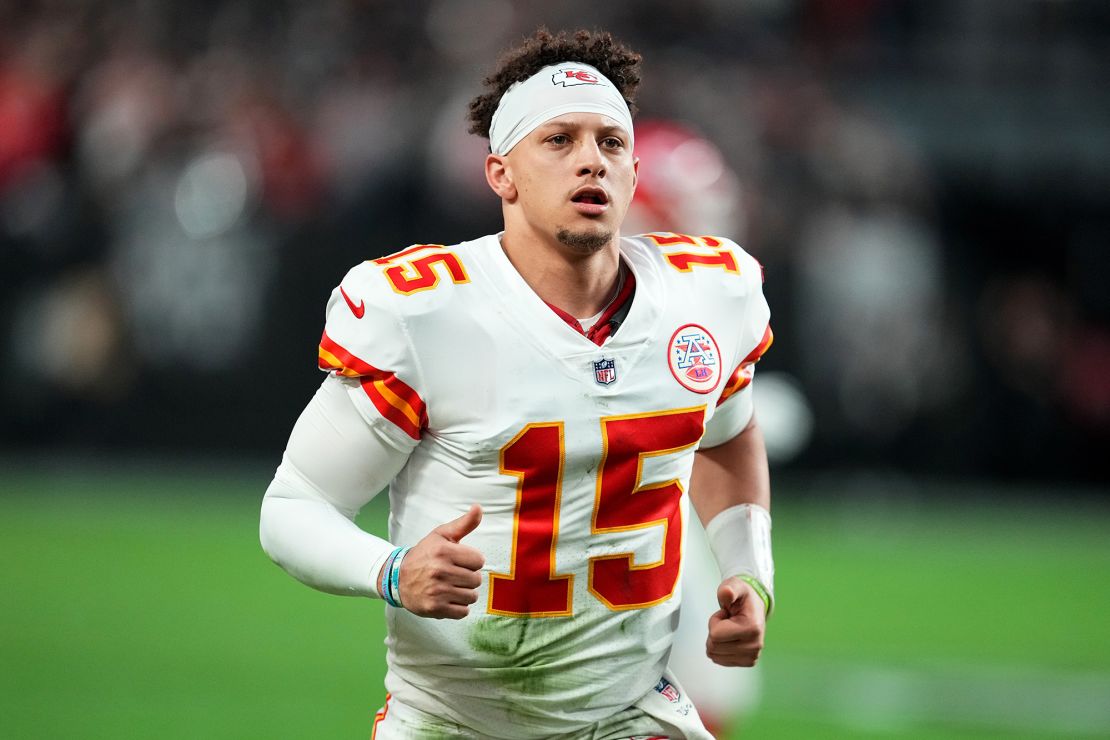 Patrick Mahomes runs off the field after the first half against the Las Vegas Raiders at Allegiant Stadium on January 7.
