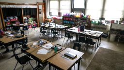 A classroom sits empty as students take a break for lunch on Tuesday, May 24, 2022, at an elementary school in Iowa.