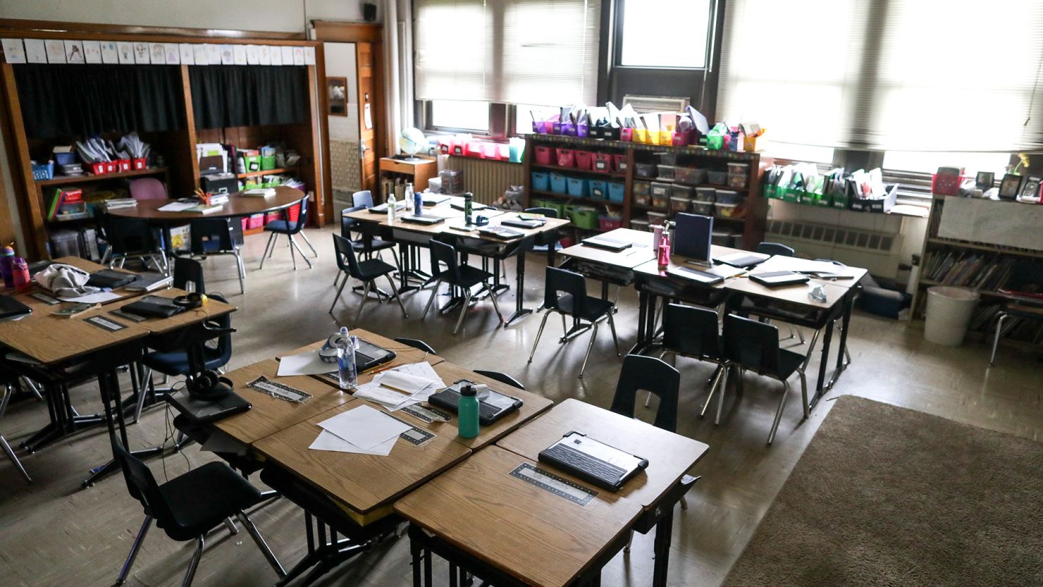 A classroom sits empty as students take a break for lunch on May 24, 2022, at an elementary school in Iowa.