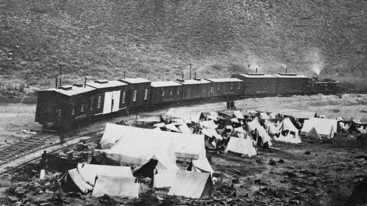 Chinese immigrants played a vital role in building the Transcontinental Railroad. This file photo shows a campsite in Nevada where workers lived.