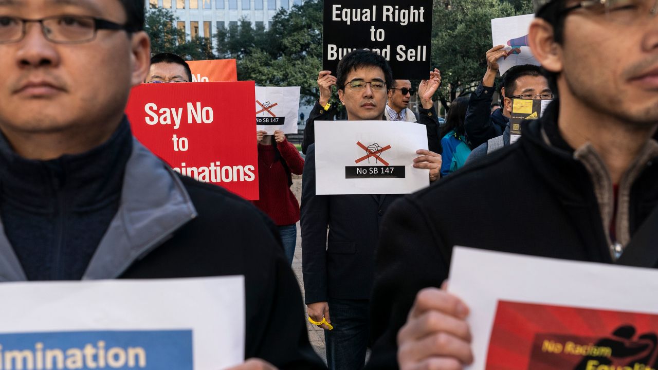 Protesters rally in January against State Senate Bill 147, the Texas bill that would ban Chinese citizens from buying real estate in the state.