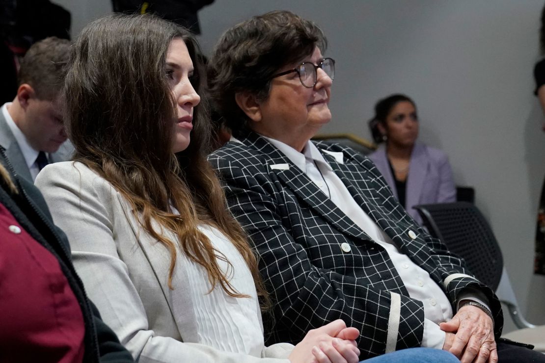 Lea Glossip, left, wife of death row inmate Richard Glossip, listens with death penalty opponent Sister Helen Prejean, right, during a news conference on Thursday, May 4, in Oklahoma City.
