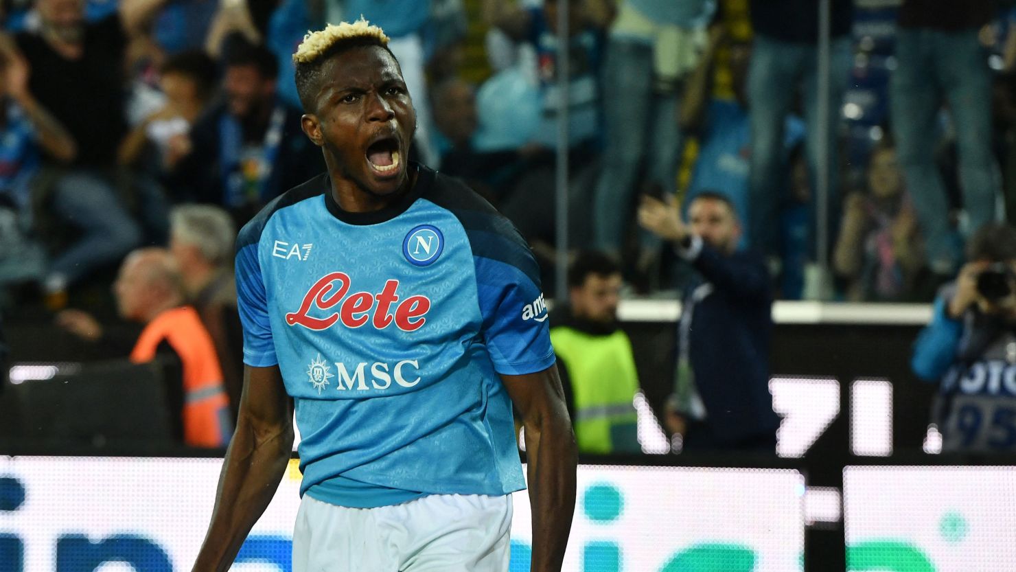 Victor Osimhen celebrates scoring the goal which secured Napoli's third Serie A title..