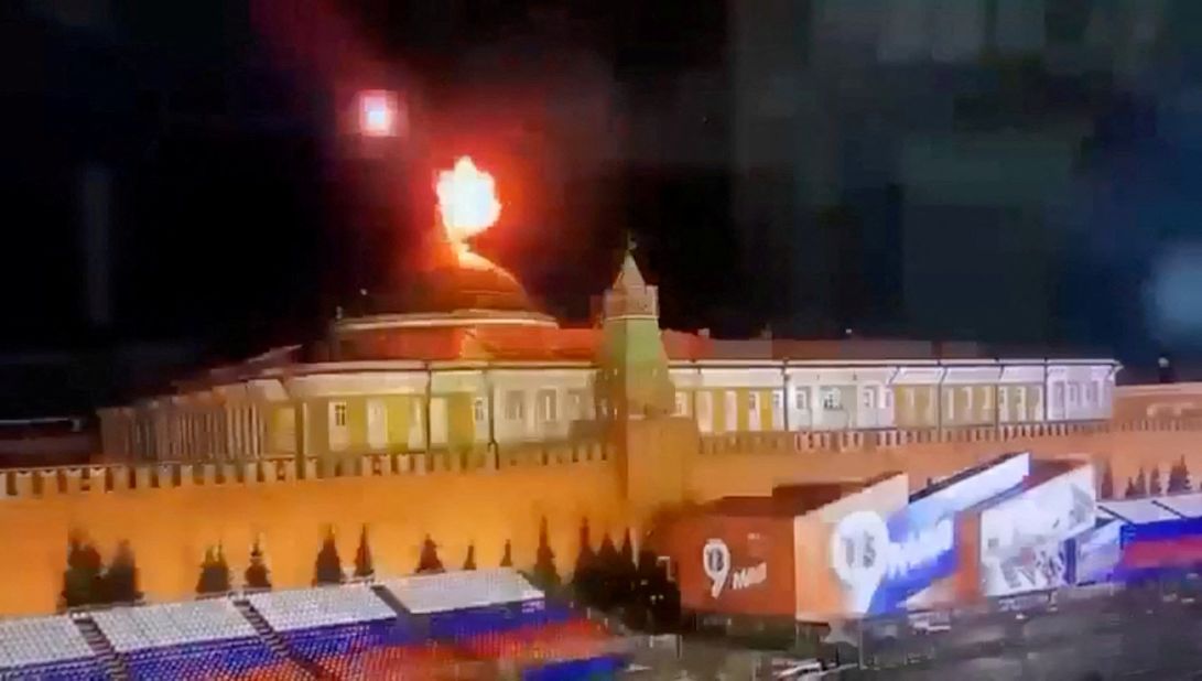 This image, taken from video, shows a flying object <a href="https://www.cnn.com/2023/05/04/europe/russia-kremlin-drone-strike-explainer-intl/index.html" target="_blank">exploding near the dome of the Kremlin in Moscow</a> on Wednesday, May 3. Russia claimed Ukraine launched a drone strike in an attempt to kill Russian President Vladimir Putin, who was not in the building at the time, according to Kremlin spokesman Dmitry Peskov. The extraordinary allegation was met with forceful denials in Kyiv.