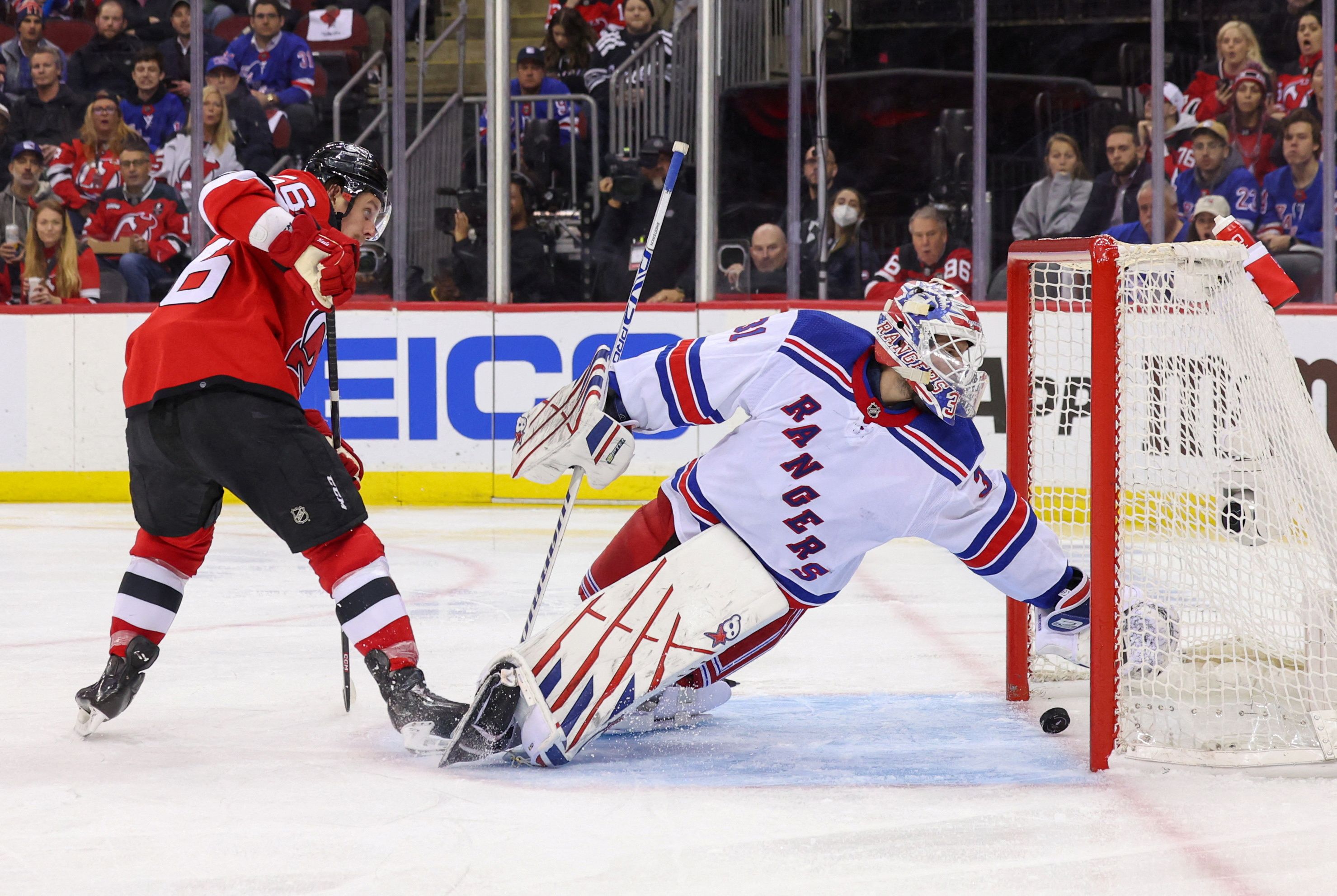 New Jersey Devils forward Erik Haula scores a goal during Game 5 of their NHL playoff series.