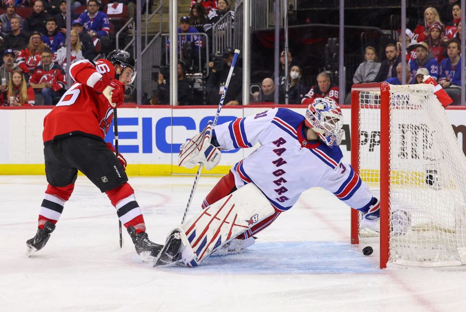 New Jersey Devils forward Erik Haula scores a goal on the New York Rangers' Igor Shesterkin during Game 5 of their NHL playoff series on Thursday, April 27. The Devils won the game and went on to win the series in Game 7.