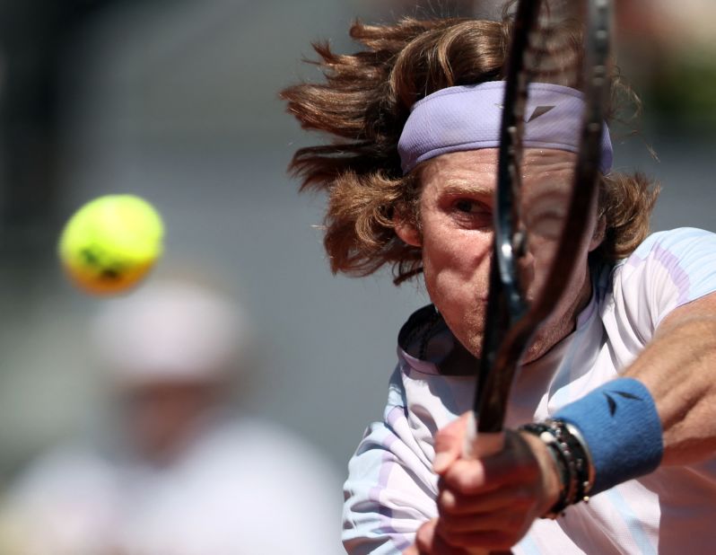 Andrey Rublev returns a ball to Karen Khachanov during their match at the Madrid Open on Tuesday, May 2.