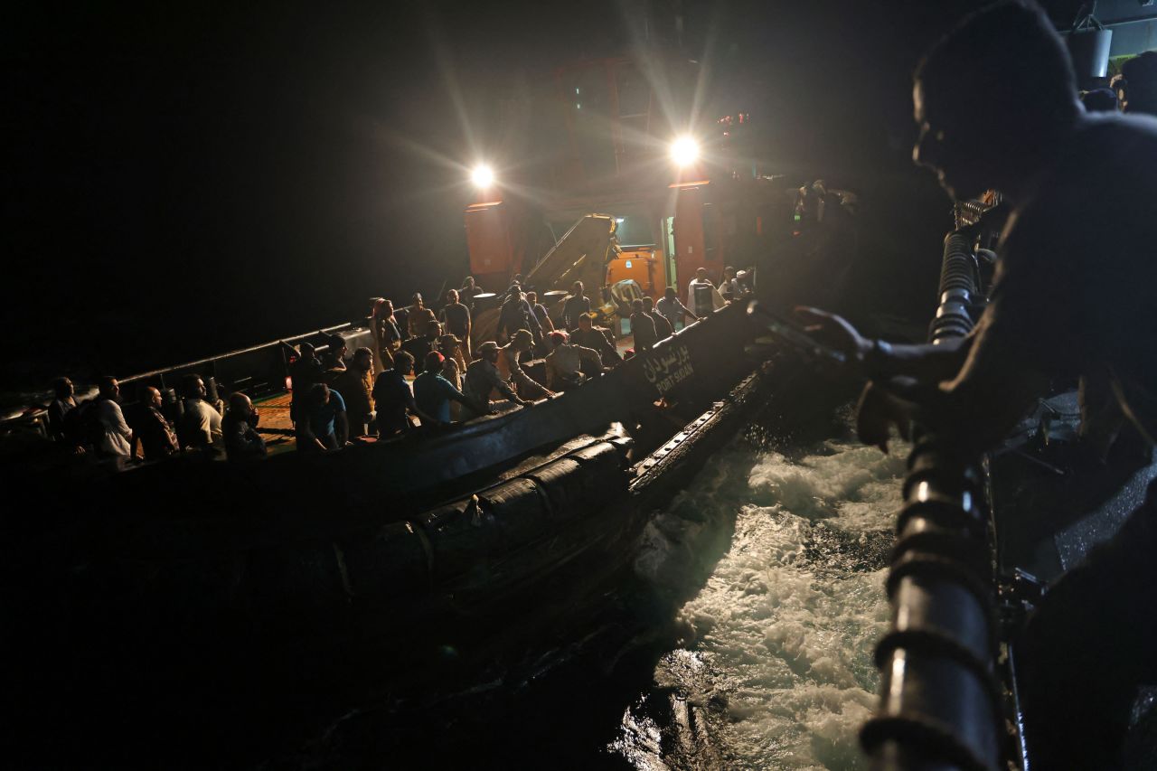 Evacuees are transported aboard a tugboat before boarding a Saudi vessel to leave <a href="https://www.cnn.com/2023/04/26/africa/sudan-conflict-explained-intl/index.html" target="_blank">war-torn Sudan</a> on Sunday, April 30.