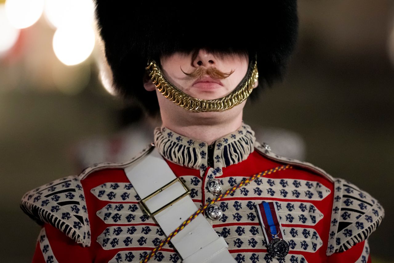 A member of the military marches in London on Wednesday, May 3, during a rehearsal for <a href="https://www.cnn.com/interactive/2023/05/style/king-charles-coronation-guide-intl-cmd-gbr/" target="_blank">the coronation of King Charles III</a>.