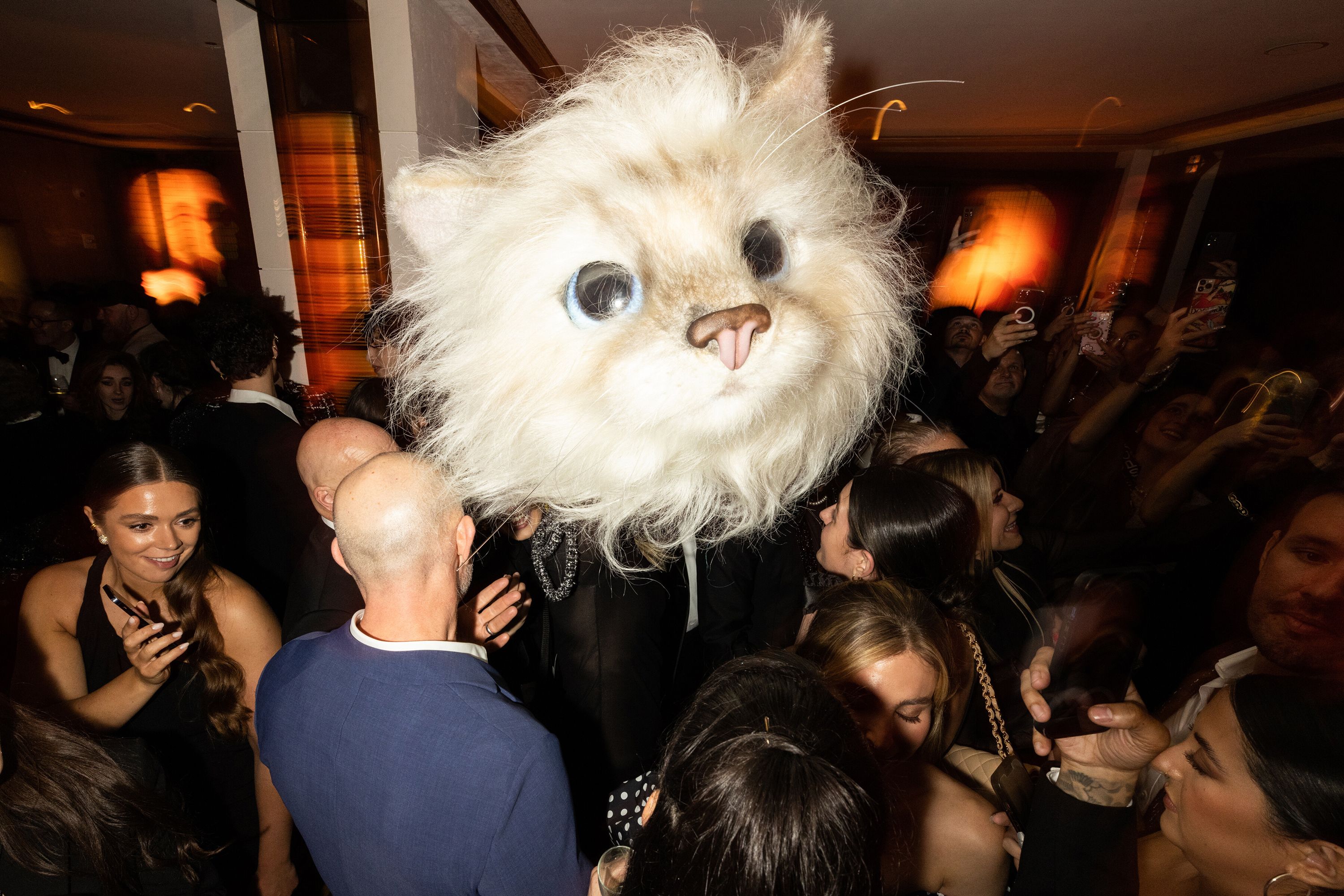 The cat head worn by actor Jared Leto at the Met Gala is seen at an afterparty.