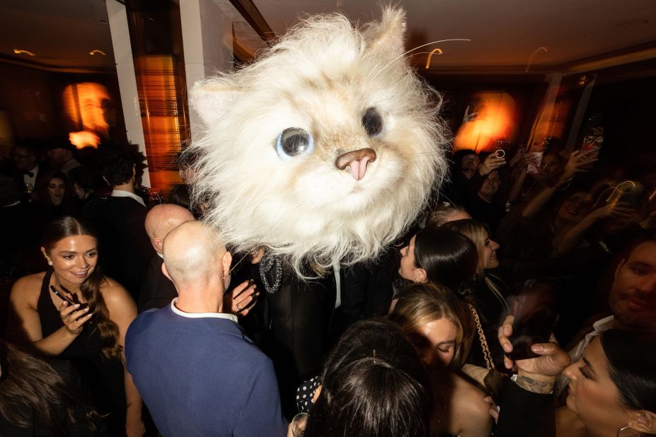The cat head that actor Jared Leto wore to the Met Gala is seen at an afterparty at the Mark Hotel in New York on Monday, May 1. Leto arrived at the Met Gala <a href="https://www.cnn.com/style/article/doja-cat-jared-leto-choupette-cat-met-gala-cec/index.html" target="_blank">dressed as Choupette</a>, the beloved cat of the late fashion designer Karl Lagerfeld.