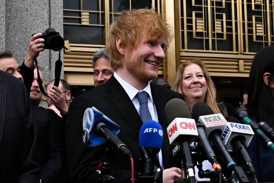 Singer Ed Sheeran talks to the media in New York on Thursday, May 4, after a jury found that his hit "Thinking Out Loud" <a href="https://www.cnn.com/2023/05/04/media/ed-sheeran-verdict/index.html" target="_blank">did not infringe on the copyright</a> of the classic Marvin Gaye song "Let's Get It On." Sheeran said he is "obviously very happy with the outcome of the case," adding "it looks like I'm not having to retire from my day job after all."