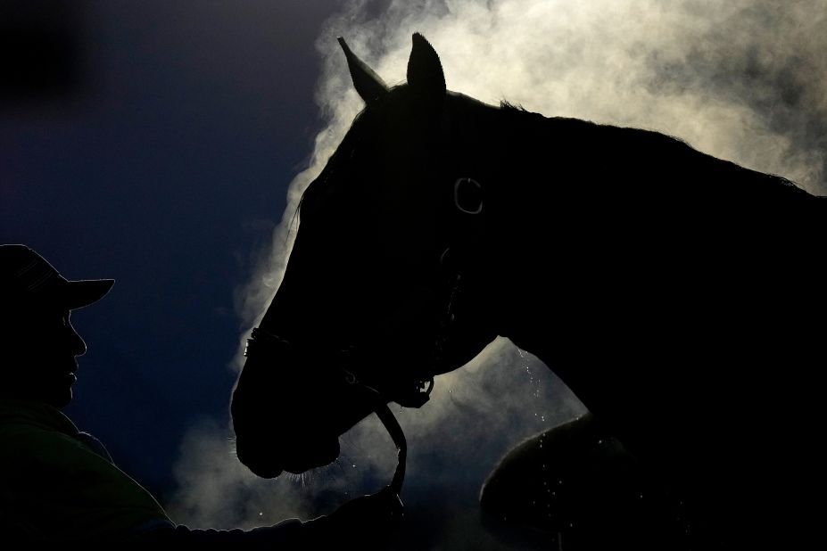 Steam rises from a horse as it gets a bath at Churchill Downs in Louisville, Kentucky, on Thursday, May 4. Officials from the racetrack, the home of the famed Kentucky Derby, have described the <a href="https://www.cnn.com/2023/05/03/sport/churchill-downs-kentucky-derby-horse-deaths-spt-inl/index.html" target="_blank">recent deaths of four horses</a> there as "unacceptable" and "troubling." Four horses have died in separate incidents within a five-day stretch.