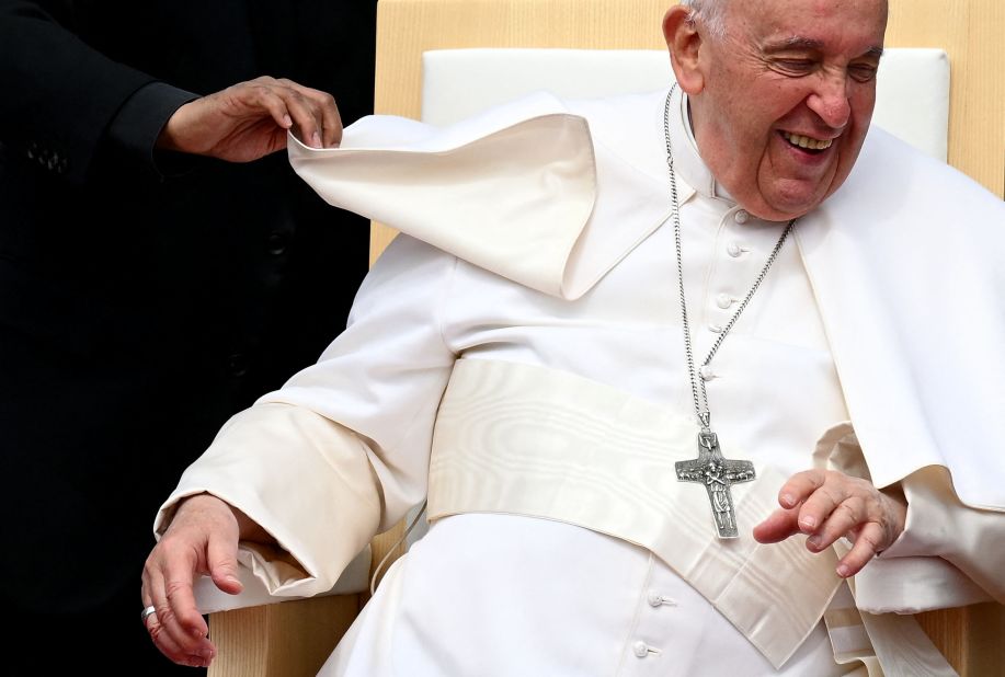 Pope Francis attends a welcome ceremony at the Sándor Palace in Budapest, Hungary, on Friday, April 28.