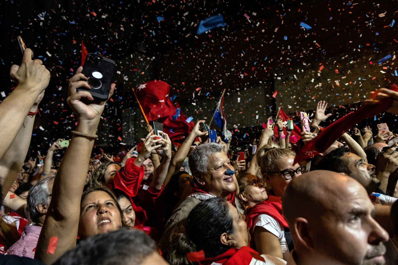 Supporters of President-elect Santiago Peña celebrate at a victory rally in Asunción, Paraguay, on Sunday, April 30.