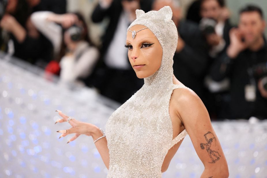 Rapper Doja Cat <a href="https://www.cnn.com/style/article/doja-cat-jared-leto-choupette-cat-met-gala-cec/index.html" target="_blank">channels Choupette</a>, Karl Lagerfeld's cat, at the Met Gala in New York on Monday, May 1.