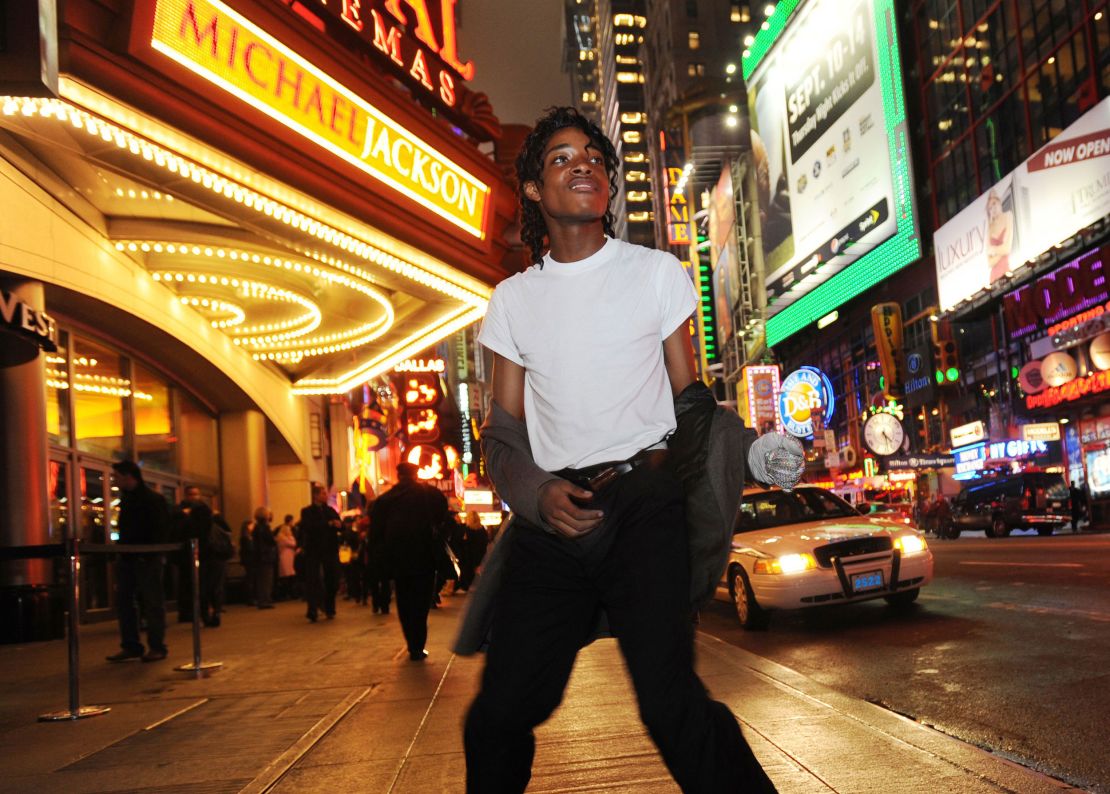 Jordan Neely is pictured before going to see the Michael Jackson movie, "This is It," outside the Regal Cinemas in Times Square in 2009.