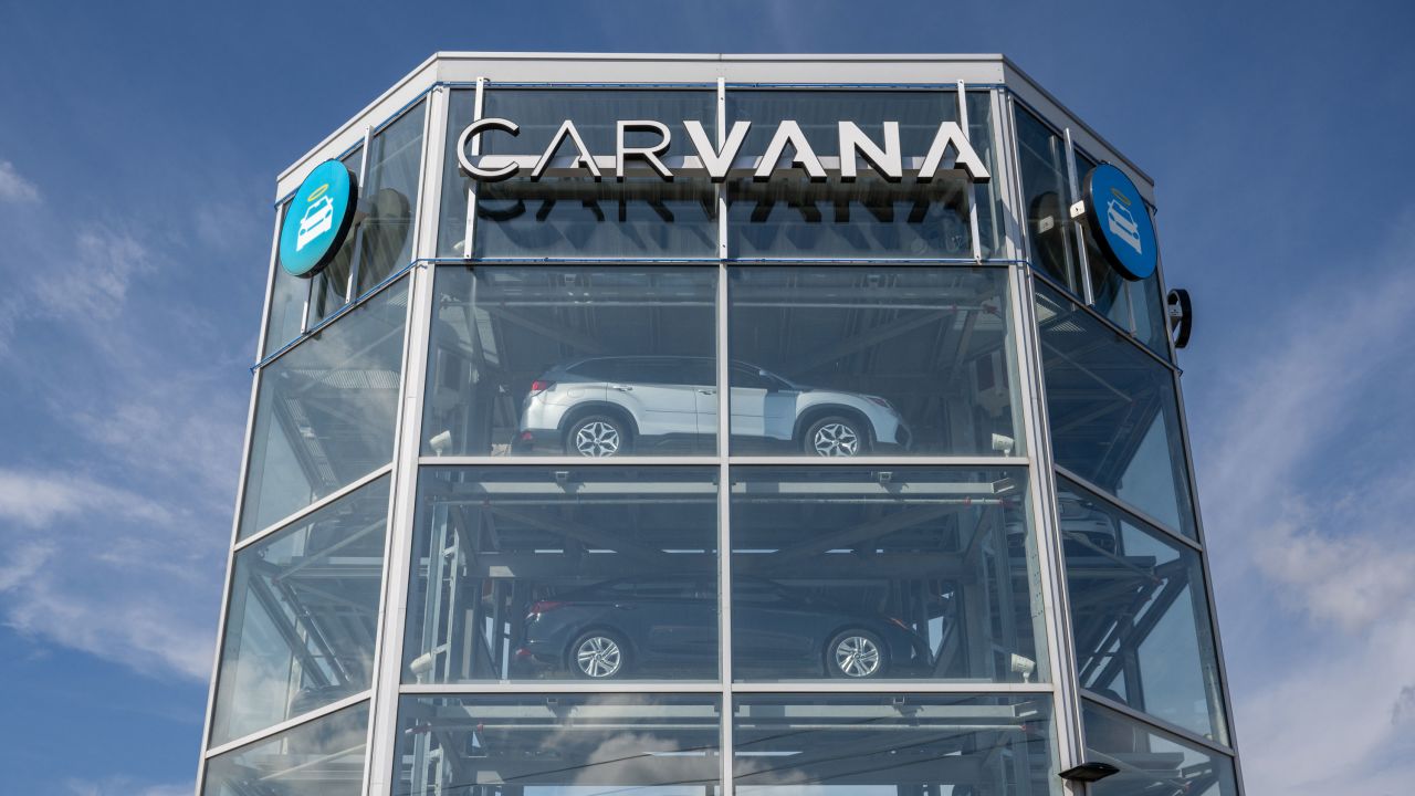 Vehicles are seen on a display at a Carvana dealership on February 20, 2023 in Austin, Texas.