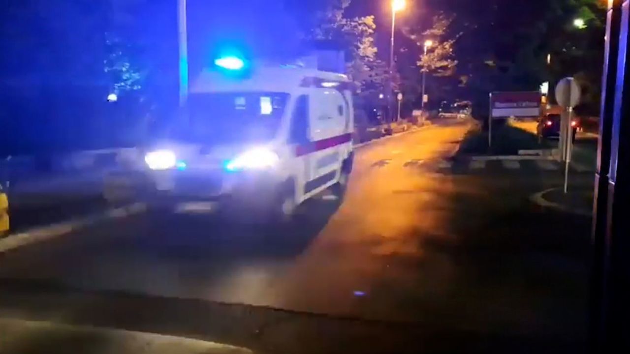 An ambulance responds to a shooting near Mladenovac, Serbia, on May 4, 2023.
