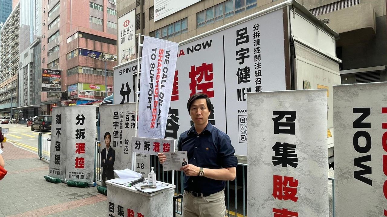 Ken Lui canvassing for votes in Hong Kong in April. The activist shareholder was seeking investor support for his proposal to restructure HSBC.
