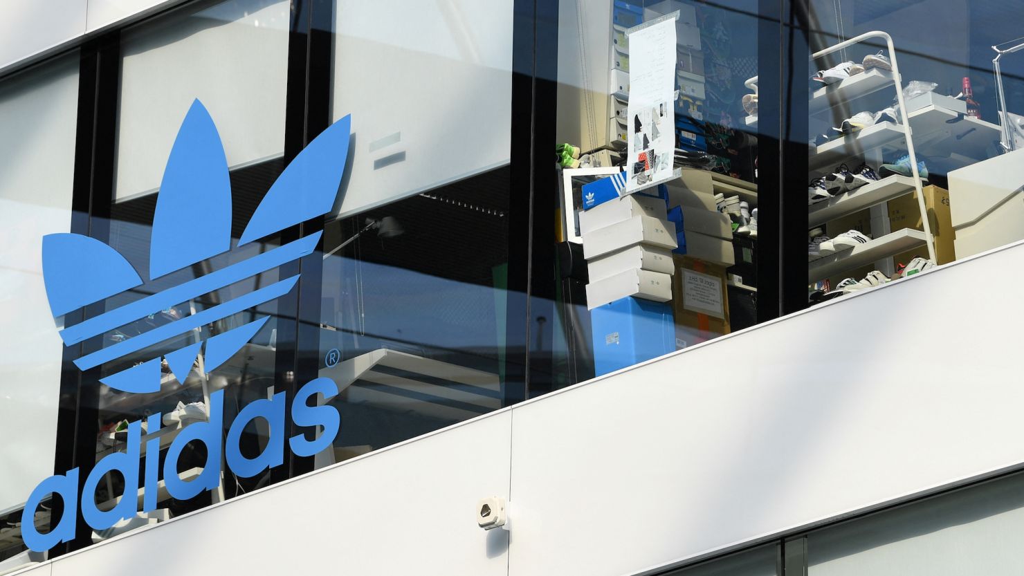 The Adidas logo at the company's headquarters in Herzogenaurach, Germany, photographed on August 9, 2019