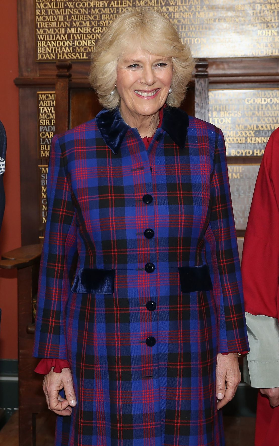 At the Art Worker's Guild in 2015 in London, Camilla opted for a chic tartan dresscoat finished with a crushed velvet collar and pockets.